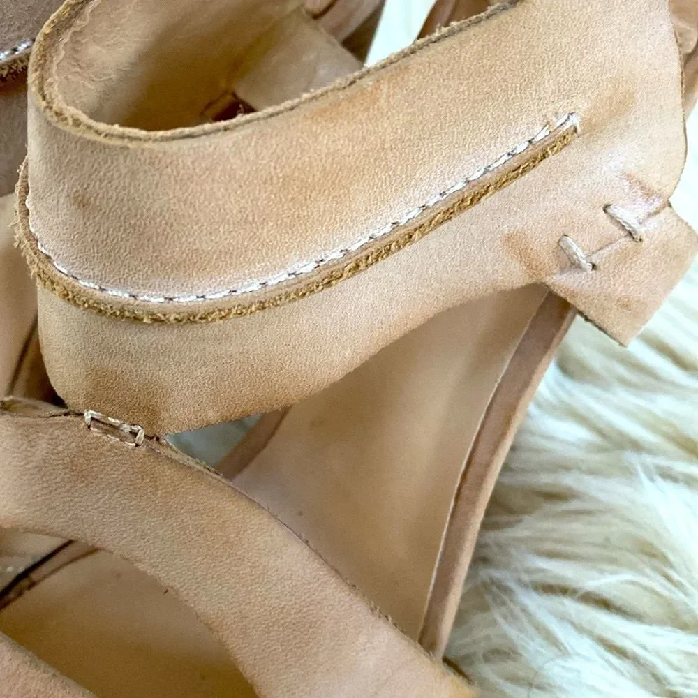 Leon Max Tan Wedge Sandals Chunky Heel Ankle Straps 8.5 New Boho Beach Vacation